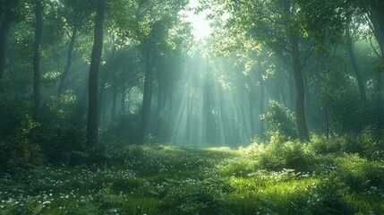 Fototapeta premium Peaceful woodland scene in a dense forest where tall pine trees stand, with sunlight filtering through the canopy to create dappled light and shadow on the green foliage.