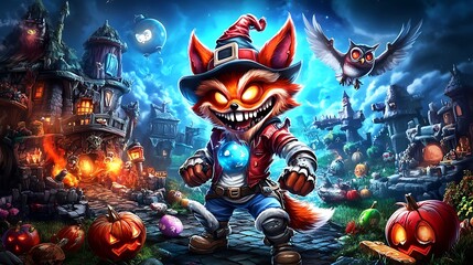 A mischievous fox mage dominates a Halloween-themed game landscape.