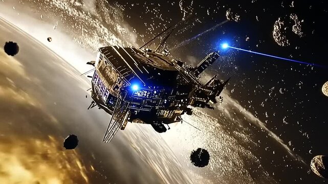Futuristic space station mining asteroids in a distant galaxy with cosmic scenery
