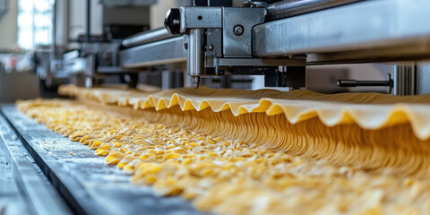 Fresh pasta being shaped by machine production line, showcasing intricate texture and waves of dough. scene captures essence of culinary