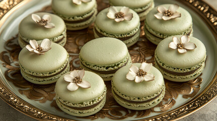 Delicate green macarons adorned with elegant flowers, beautifully arranged on decorative plate, create charming and inviting dessert display