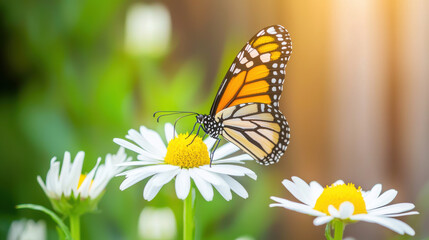 vibrant butterfly perched on daisy flower, showcasing its colorful wings in serene garden setting. scene evokes sense of tranquility and beauty