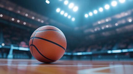 a dramatic close up shot of a basketball resting on a polished wooden court under the bright lights of a packed indoor arena creating an exciting and energetic atmosphere