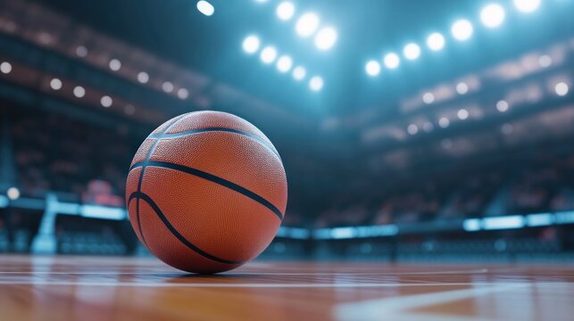 a dramatic close up shot of a basketball resting on a polished wooden court under the bright lights of a packed indoor arena creating an exciting and energetic atmosphere