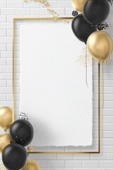 Elegant Gold and Black Balloons with Blank White Paper Frame