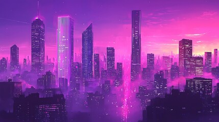 Fototapeta premium Futuristic city skyline at sunset, vibrant purple and pink hues, glowing buildings, fog.