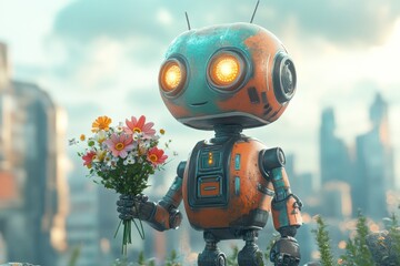 Rusty robot holding flowers in city