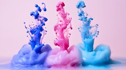 Vibrant Color Explosion: Three dynamic color explosions of blue, pink, and light blue create an eye-catching abstract composition. The vibrant hues and dynamic forms offer a visually striking image.