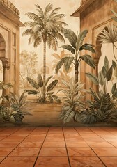 Tropical vintage wallpaper mural design with palm trees and terracotta floor generative ai