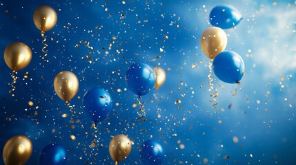 Fototapeta premium Blue and Gold Balloons with Confetti Ascending