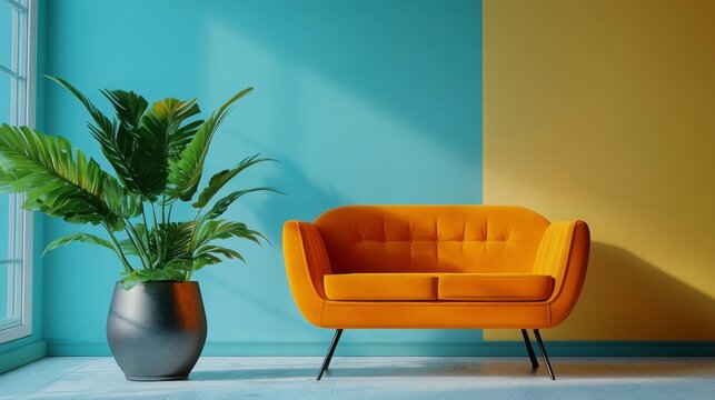 Orange Sofa in a Teal and Yellow Room