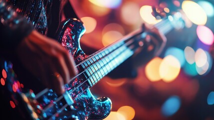 closeup of a bass guitar being played under colorful stage lights capturing the essence of live music performance and the vibrant atmosphere of a concert venue