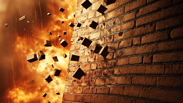 Dramatic Brick Wall Explosion with Debris and Fireball Background Effect
