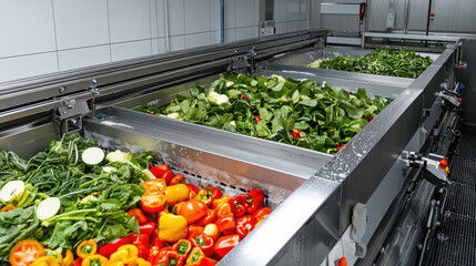 Fresh vegetables being washed in large scale industrial washing machine, showcasing vibrant colors and clean environment