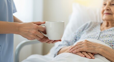 Nurse offering a cup of tea or coffee to a senior patient in a hospital bed, healthcare and elderly care concept