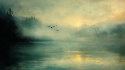 Obraz premium Misty Sunrise Over a Tranquil Lake with Birds