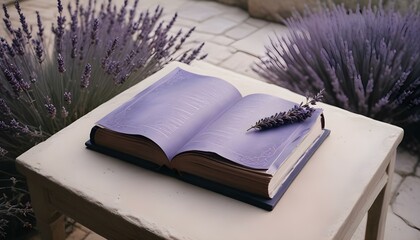 Black book mockup with a lavender decoration on a beige table.