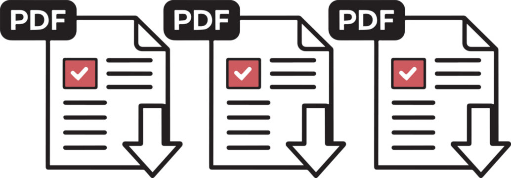 PDF file format icons set. PDF file download symbols. Format for texts, images, vector images, videos, interactive forms - stock vector