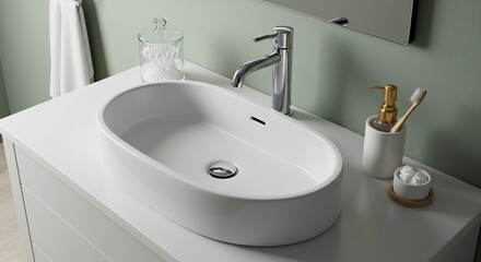 Fototapeta premium Modern Minimalist Bathroom Vanity with Oval Sink, Chrome Faucet, and Stylish Accessories