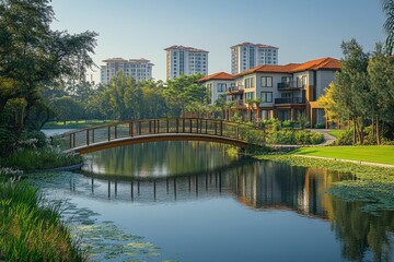 Obraz premium Serene residential community by a tranquil lake. Lush landscaping and modern architecture meet