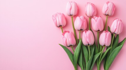 Fototapeta premium a harmonious gathering of delicate pink tulips gracefully arranged against a soft pastel background evoking feelings of springtime renewal and tender moments