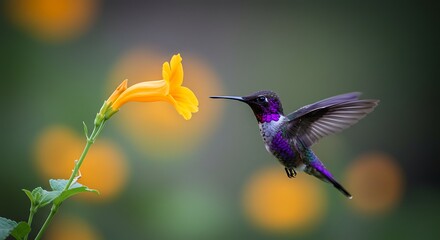 Fototapeta premium Hummingbird and Yellow Flower: A Serene Nature Photography