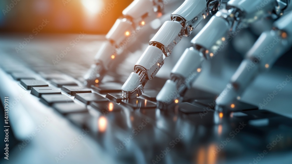 Poster a metallic robot with sophisticated articulation is shown interacting with a black keyboard under so