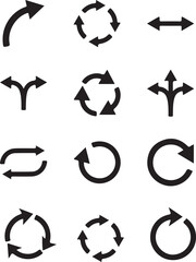 Collection of black arrow icons including curved, circular, bidirectional, and recycling symbols representing direction, rotation, and navigation
