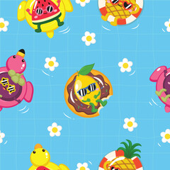 Cute tropical fruit character swim on a pool seamless pattern