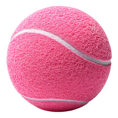 A pink tennis ball featuring a textured surface and distinctive white stitching.