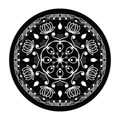 new black and white mandala vector isolated on white. Vector hand drawn circular decorative element and black background