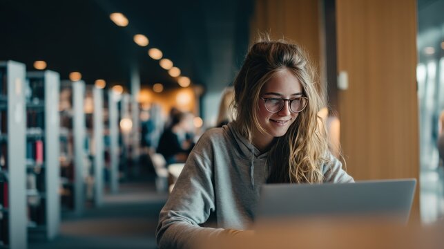 A happy student that is looking at their laptop in a library. 
