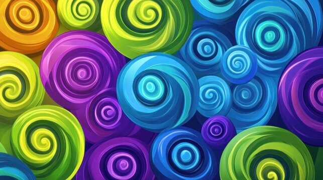 Swirling abstract circles in vibrant hues like lime green, electric blue, and vivid purple, creating a dynamic and energetic visual pattern.

