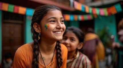 Fototapeta premium Happy Indian girl with face paint celebrating at cultural festival