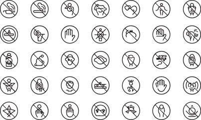 Minimalist prohibition icons in black and white line drawings with clear crossed-out symbols representing safety regulations and restricted actions for signage