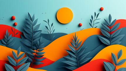 Minimalist abstract landscape with vibrant shapes and foliage