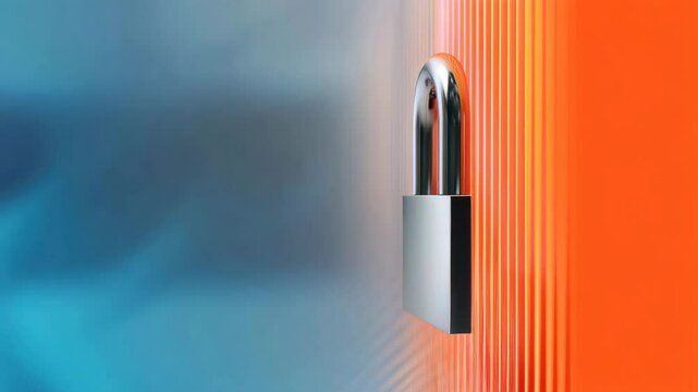 A silver padlock is positioned between a blurred blue and a sharply defined orange background with vertical lines.