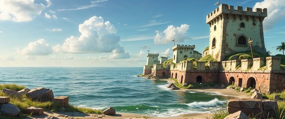 Fototapeta premium abandoned pirate fort overlooking the ocean 3d render scene video game concept background illustration digital artwork