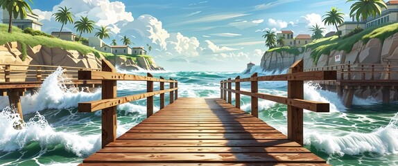 beach pier wooden planks crashing waves 3d render scene video game concept background illustration digital artwork