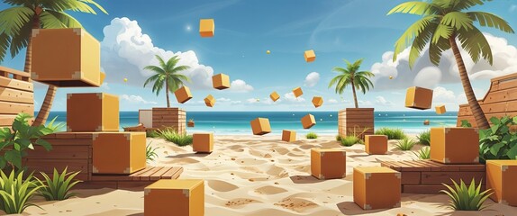 Obraz premium beachside level with bouncing boxes 3d render scene video game concept background illustration digital artwork