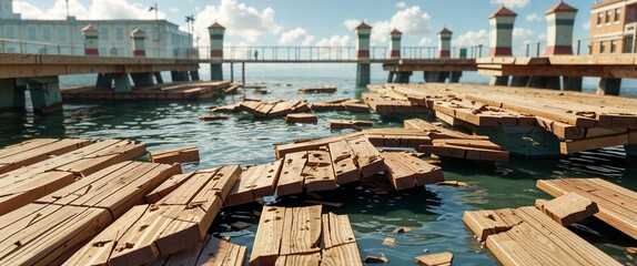Fototapeta premium damaged pier with broken wood planks 3d render scene video game concept background illustration digital artwork
