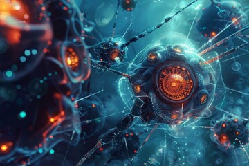 Fototapeta premium A digital illustration of futuristic nanobots repairing human cells, Imagining a world where nanobots repair human cells