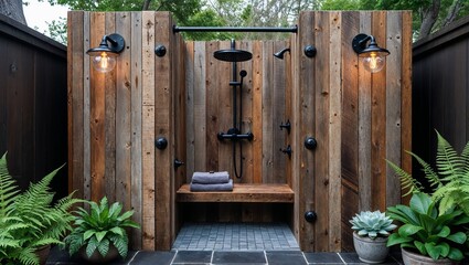 a rustic outdoor shower constructed from reclaimed wood, featuring a weathered, natural finish. The shower is enclosed on three sides with vertical wooden planks, showcasing a variety of textures and 