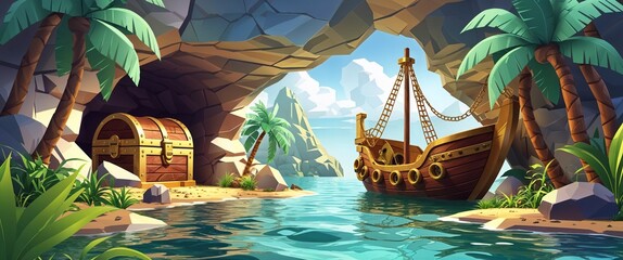 hidden treasure cave beneath the island 3d render scene video game concept background illustration digital artwork