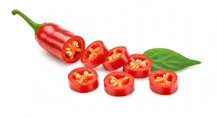 Sliced Red Chili Pepper with Seeds and Green Leaf Isolated on White Background - Fresh, Spicy, Ingredient, Food Photography