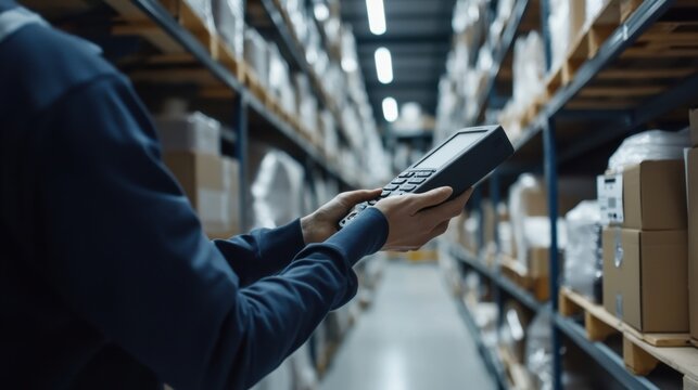 Warehouse picker selecting items from shelves with a handheld scanner. Featuring efficiency and accuracy