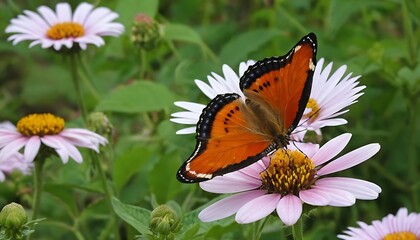 Close-up of a vibrant orange and black butterfly perched delicately on a pale pink daisy flower in a lush green garden setting.