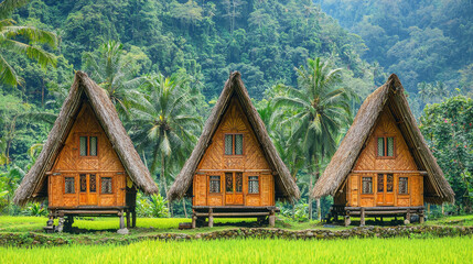 Fototapeta premium Traditional bamboo huts in lush tropical jungle setting