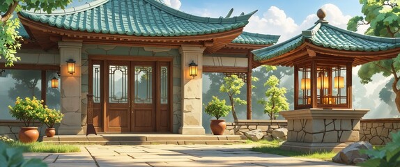 traditional home garden stone lantern 3d render scene video game concept background illustration digital artwork
