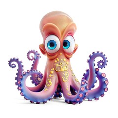 Playful Purple Octopus Cartoon Character Poses Against White Background
